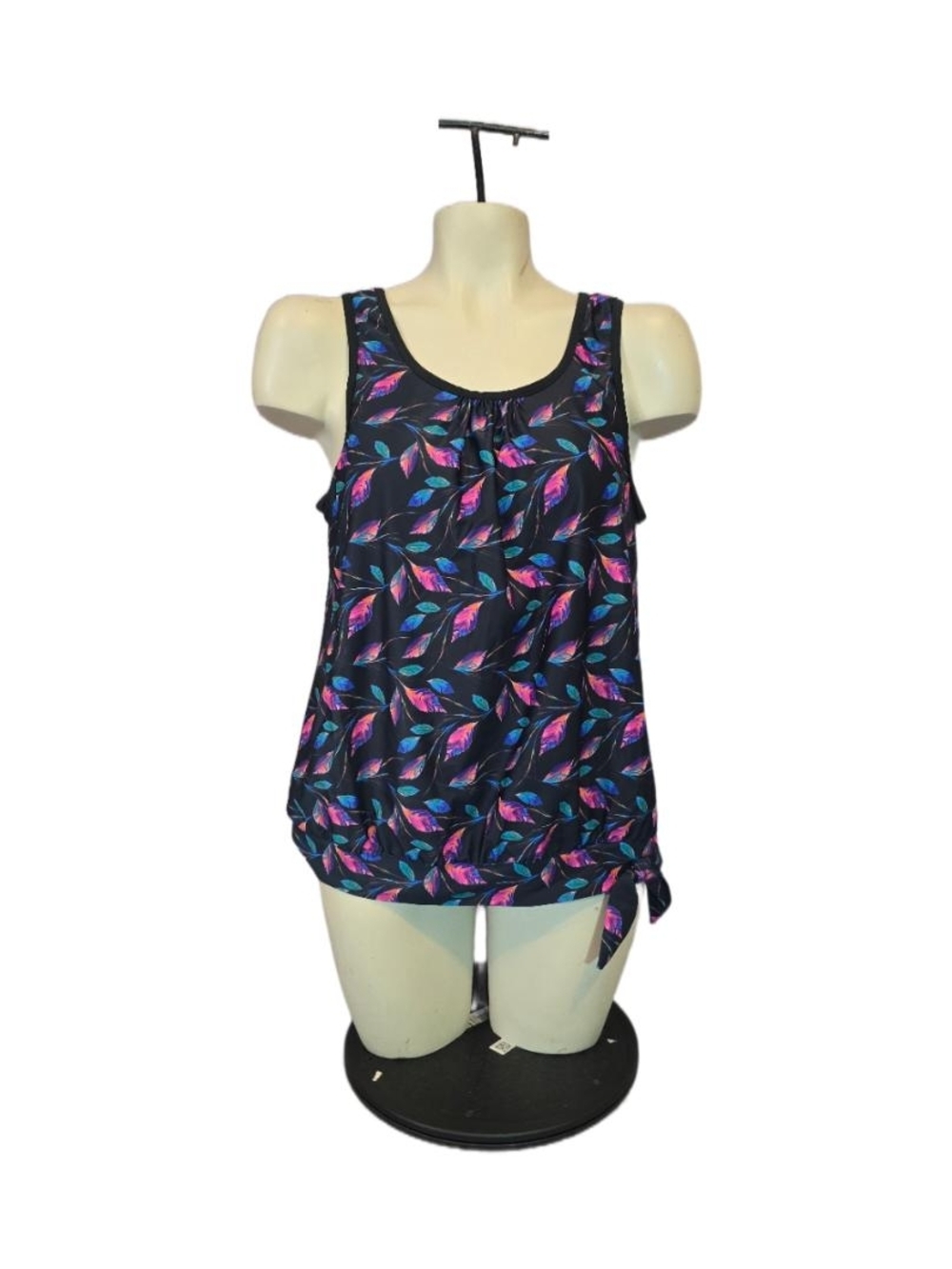 Sleeveless Black Leaf-Print Women's Swim Tank Top‎ Size Medium